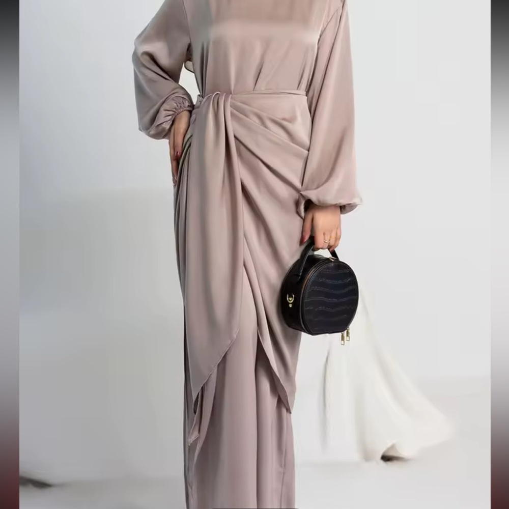 Elegant Tan Satin Long Sleeve Dress